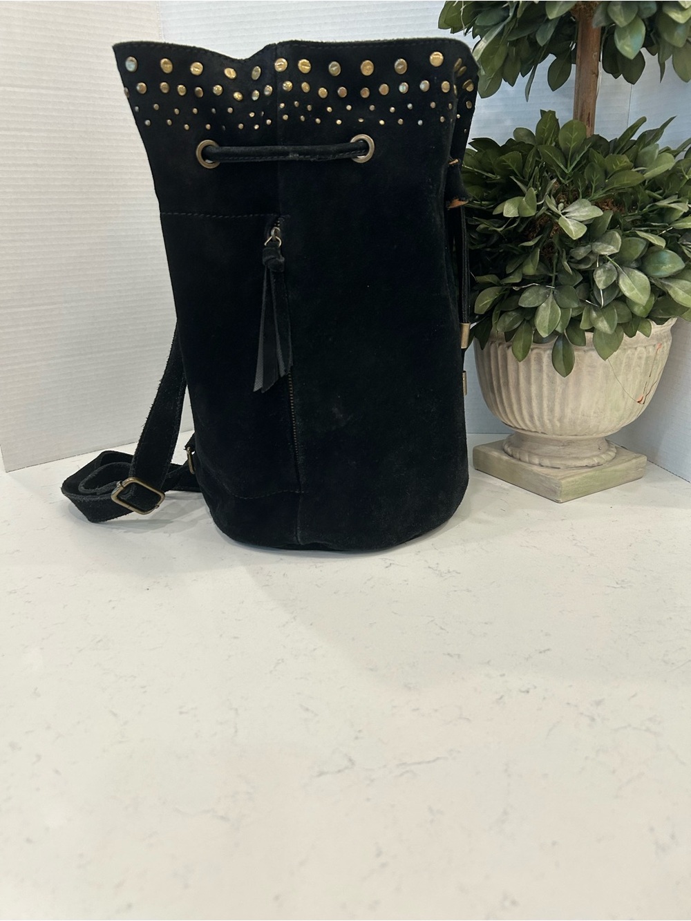 Free People Black Suede Studded Drawstring Hobo Festival Bag